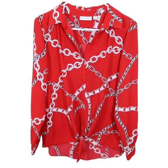 SUSAN GRAVER Size 4 Red White Chain Print Tie Front Button Up Blouse Shirt Top - Picture 1 of 5